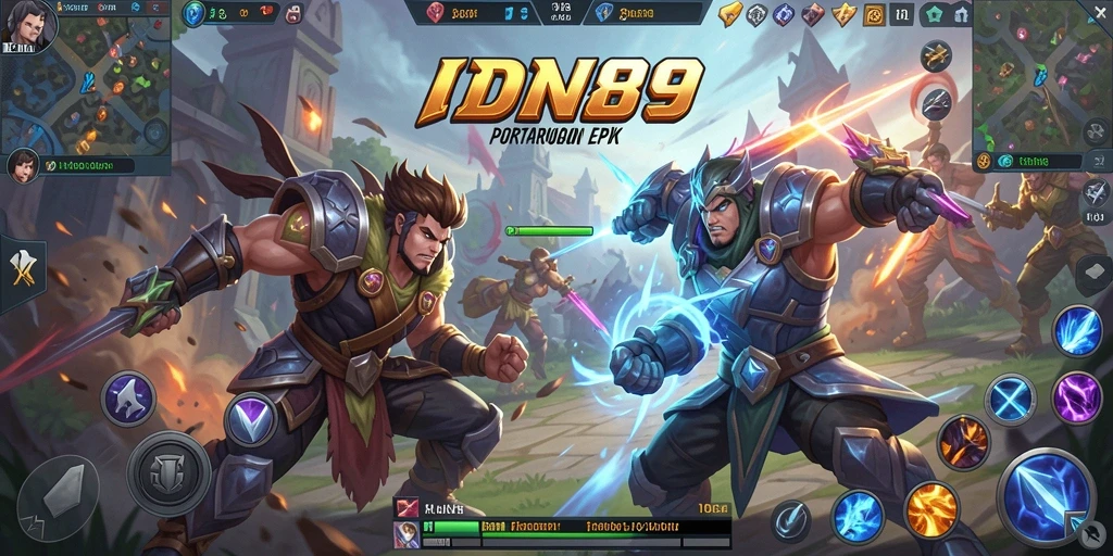 Screenshot gameplay IDN89 yang menunjukkan aksi epik pertarungan MOBA.