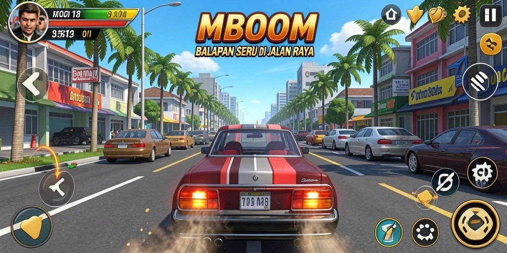 Screenshot utama MBOOM menampilkan aksi balapan mendebarkan di jalan raya.