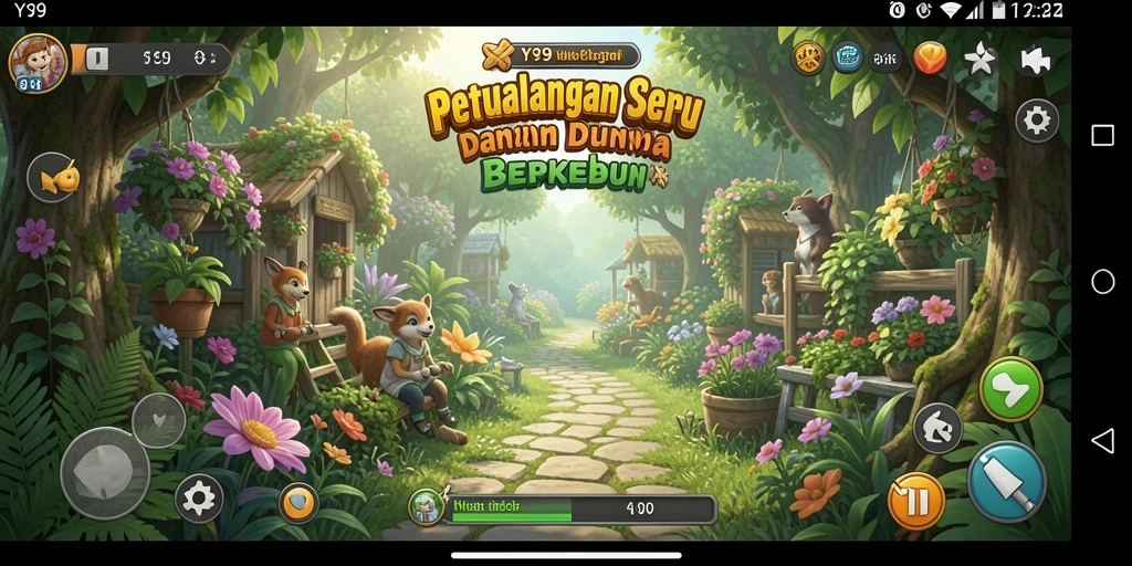 Screenshot gameplay Y89 menunjukkan ladang hijau yang asri dan banyak aktivitas bertani.